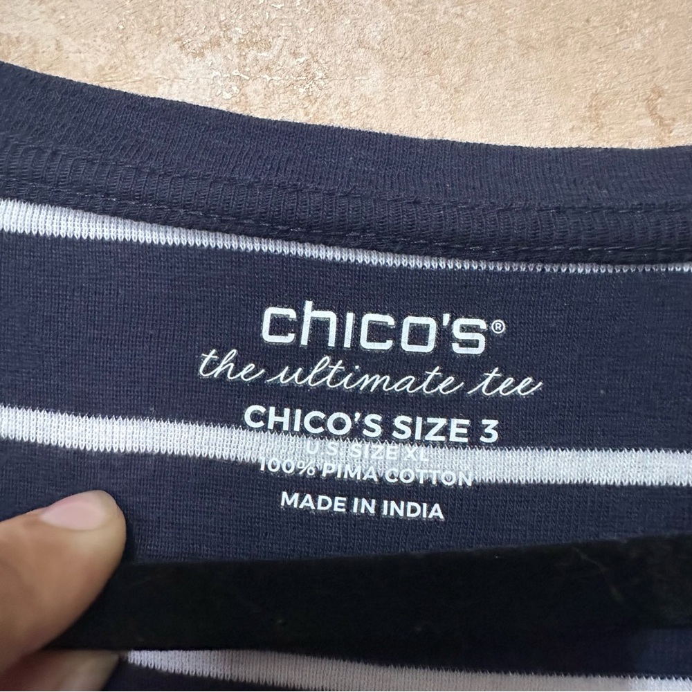 Chico's The Ultimate Tee Size 3 U.S. XL Navy White Striped 100% Pima Cotton - Picture 2 of 9
